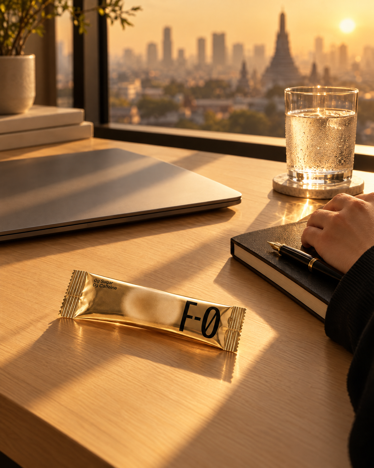 F-0 gold stick on a studio desk in Bangkok at golden hour